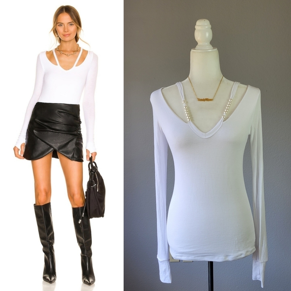 MICHAEL LAUREN // white cut-out pearl bead detail ls thumbhole soft ribbed top